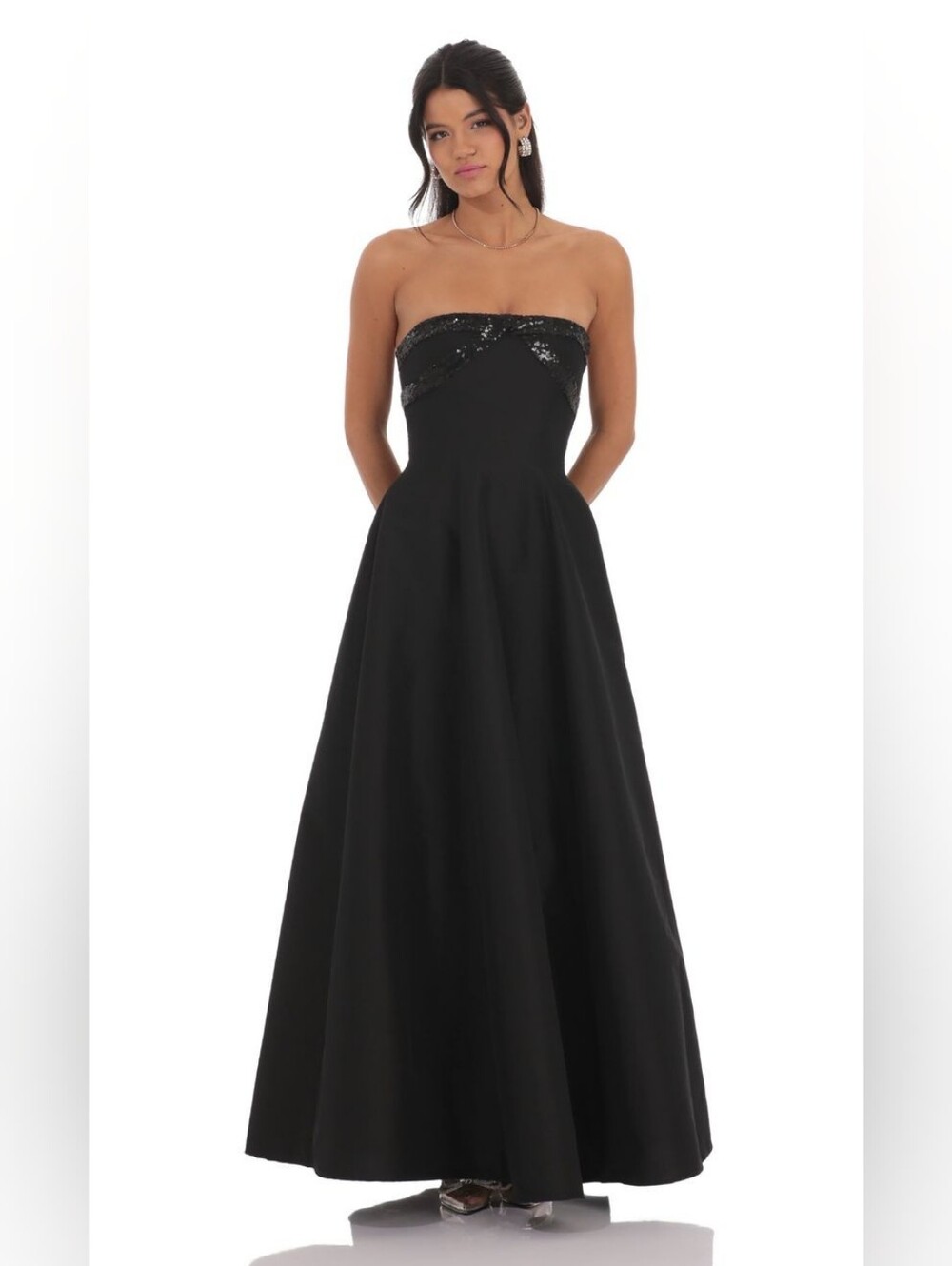 Lucy in the Sky Strapless Black Evening Gown with Sequin Trim